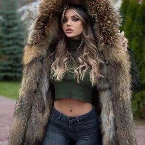 Women's Real Fox Fur Hooded Coat-Jacket